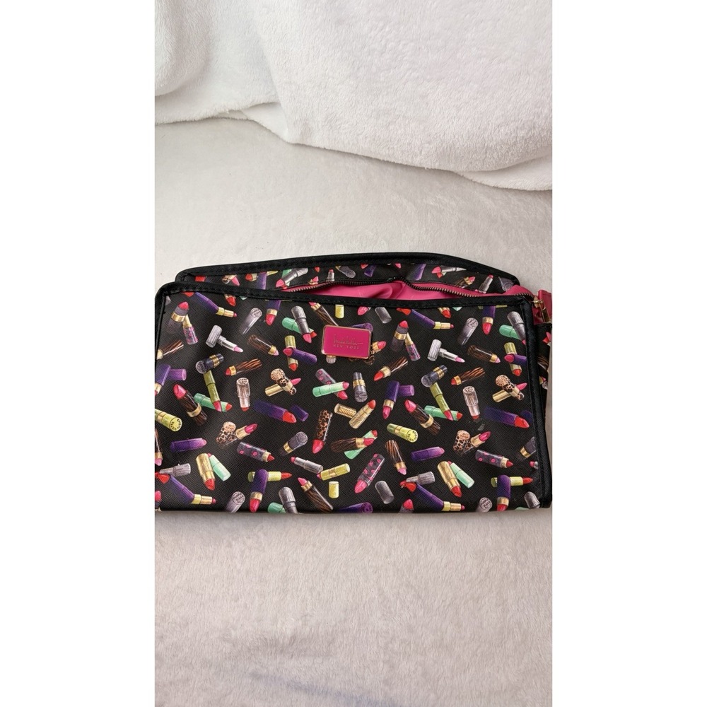 Nicole Miller New York Lipstick Print Cosmetic Bag Black Hot Pink Chic Vanity